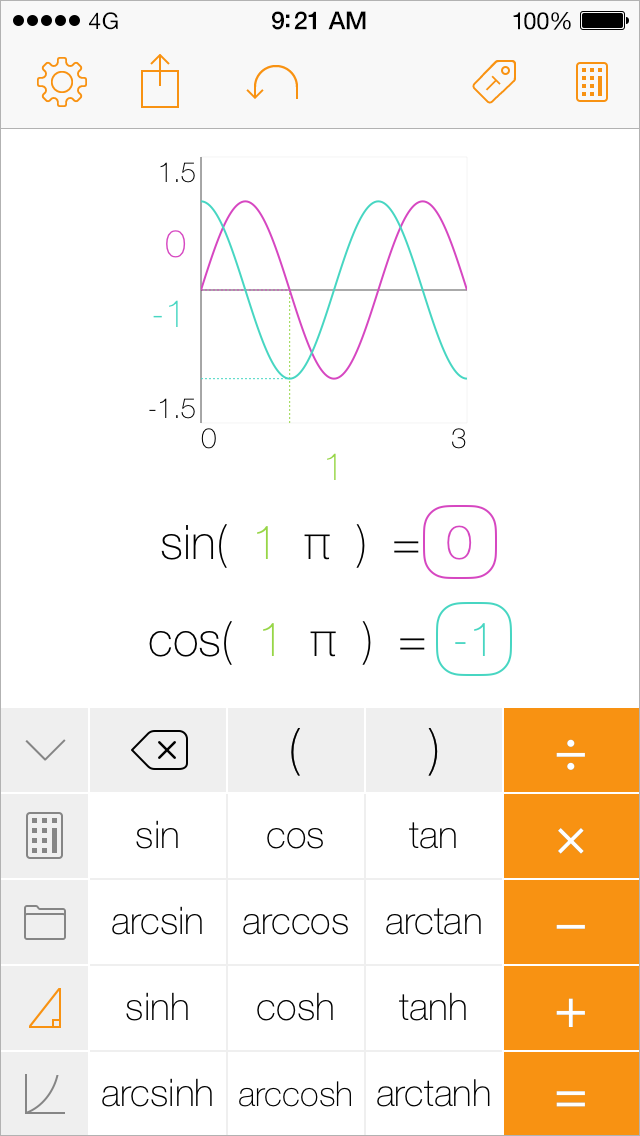 Tydlig iPhone screenshot, graphing sin and cos